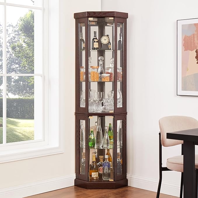 69" H Lighted Curio Cabinet Corner Display Case,Corner Glass Cabinet with Tempered Glass Door and Adjustable Shelves,Wooden Curio case with Mirrored Back Pane (Style 2 - Dark Cherry)