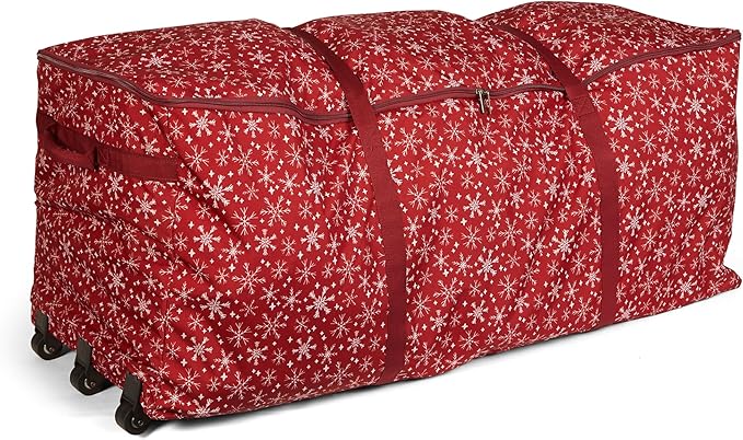 Covermates Keepsakes Christmas Tree Rolling Cinch Bag – Heavy-Duty Polyester Holiday Storage with Wheels, Reinforced Handles & Cinch Straps – Durable Christmas Tree Storage Solution, Red Snowflake