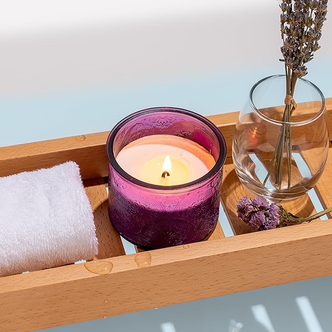 10 oz Embossed Glass Candle Container with Bamboo Lids and Labels, Purple Candle Jars for Making Candles, Mandala Design - Pack of 9