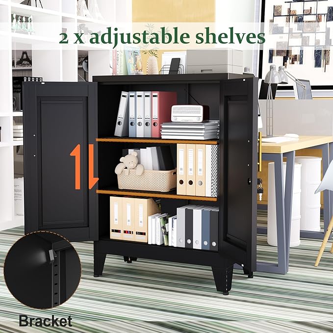 Black Metal Storage Cabinet, 36" Tall Locking Storage Cabinet with 2 Adjustable Shelves, Steel Locker Organizer, for Office, Home, School, 11.81" D x 23.62" W x 35.83" H