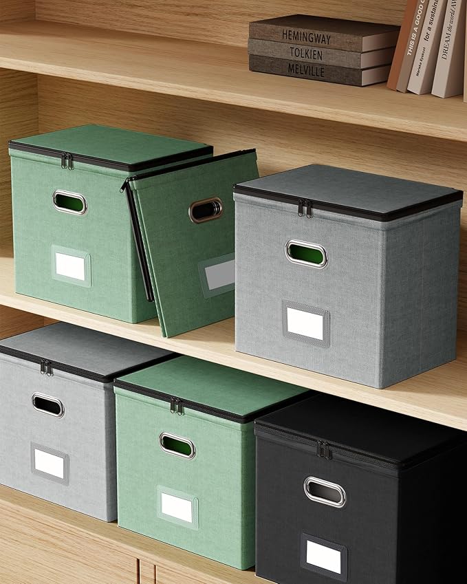 Oterri 2 Pack File Organizer Boxes with Lids, File Box with Mesh Pockets, Document Organizer Box for File Folders Letter Size, Zippers Filing Box for Home, Office, School (Black, Without Folders)