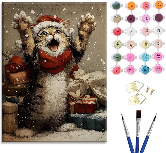 Paint by Number Kit for Adults & Kids, Christmas Cat with Gifts 16x20 Inch, DIY Acrylic Painting Kit with Brushes & Paints, Holiday Art Craft for Home Decor Framed