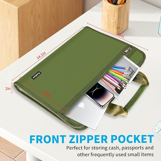Andyer Accordion File Organizer with Lock, Fireproof Expanding File Folder with Tabs, 13 Pockets Important Document Organizer with Handle, Portable Paperwork Business Organizer, Letter/A4-Size (Green)