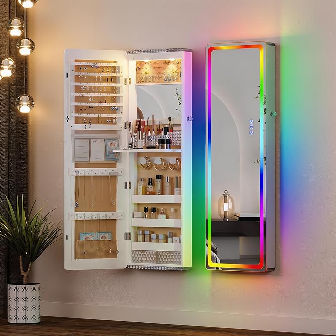 Lvifur LED Mirror Jewelry Cabinet - with RGB lights,Lockable Wall/Door Mounted Full Length Mirror with Storage,Hanging Jewelry Organizer-2 Drawers,Foldable Shelf,Built-in Lighted Mirror(White)
