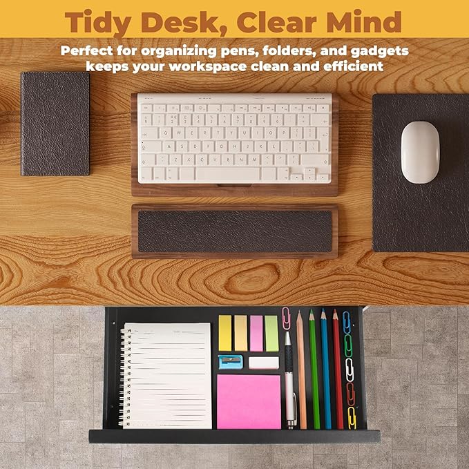 POPMOON Under Desk Drawer For Desk 16.6in,Adjustable Height, Pull out Storage Organizer with Slide Extension Mounted Under Flat Wooden Table or Workbench, Carbon Steel Hidden Desk Drawer
