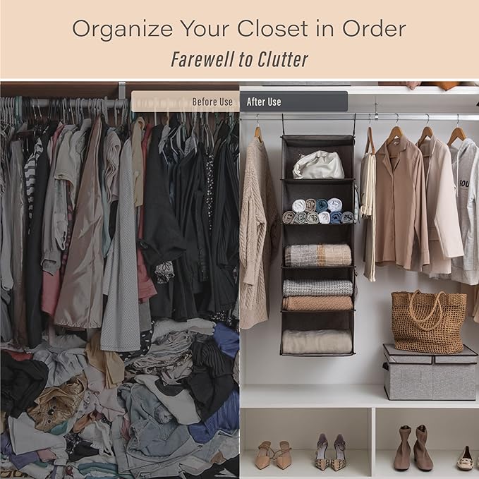 StorageWorks 5-Shelf Hanging Shelves for Closet, Foldable Hanging Closet Organizers with 2 Side Pockets, Portable Clothes Organizers for Bedroom, Wardrobe, 12 1⁄2" D x 15" W x 48" H, Gray
