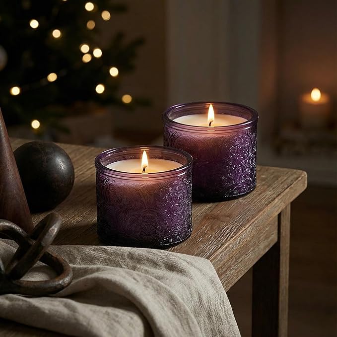 10 oz Embossed Glass Candle Container with Bamboo Lids and Labels, Purple Candle Jars for Making Candles, Mandala Design - Pack of 9