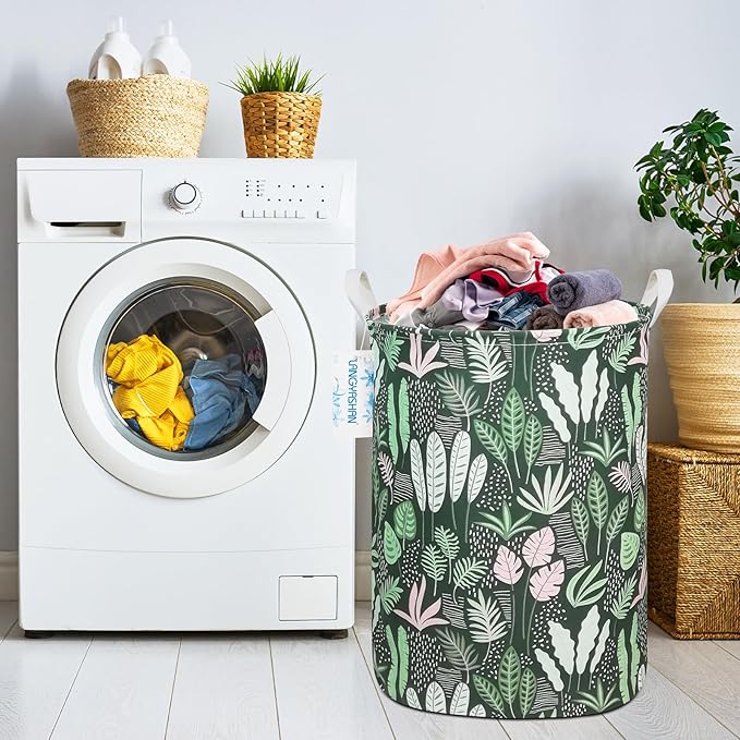 LANGYASHAN Laundry Basket Canvas Fabric Collapsible Organizer Basket for Storage Bin Toy Bins Gift Baskets Bedroom Clothes Children Nursery Hamper (Round Leaf)