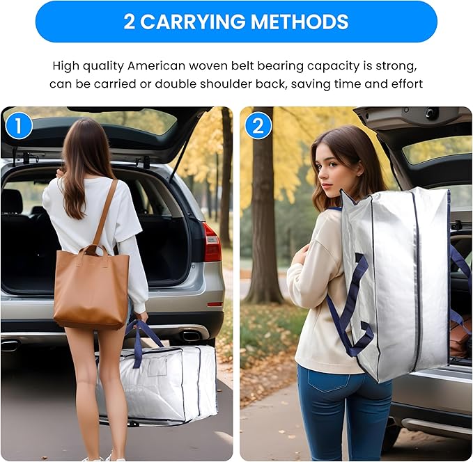 Simple Deluxe 6 Pack Extra Large Moving Bags with Backpack Straps, Strong Handles/Zippers, Heavy Duty Storage Tote for Moving Travel Camping Space Saving, White