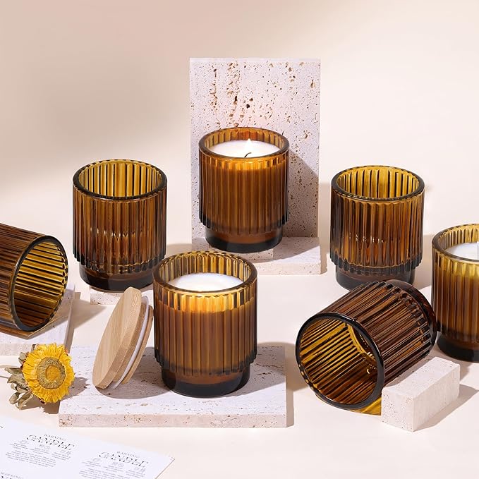 DEVI 7oz Empty Amber Ribbed Glass Candle Jars for Making Candles Set of 8, Glass Candle Jars with Bamboo Lids, Bulk Empty Candle Containers, Candle Tins Making Supplies for Gifts, Home Shelf Decor