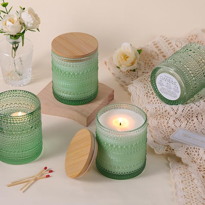 DARJEN 8 Pack Green Candle Jars for Making Candles- 14 OZ Empty Glass Candle Making Jars with Bamboo Lids and Labels, Candle Containers Candle Making Supplies for DIY Gifts
