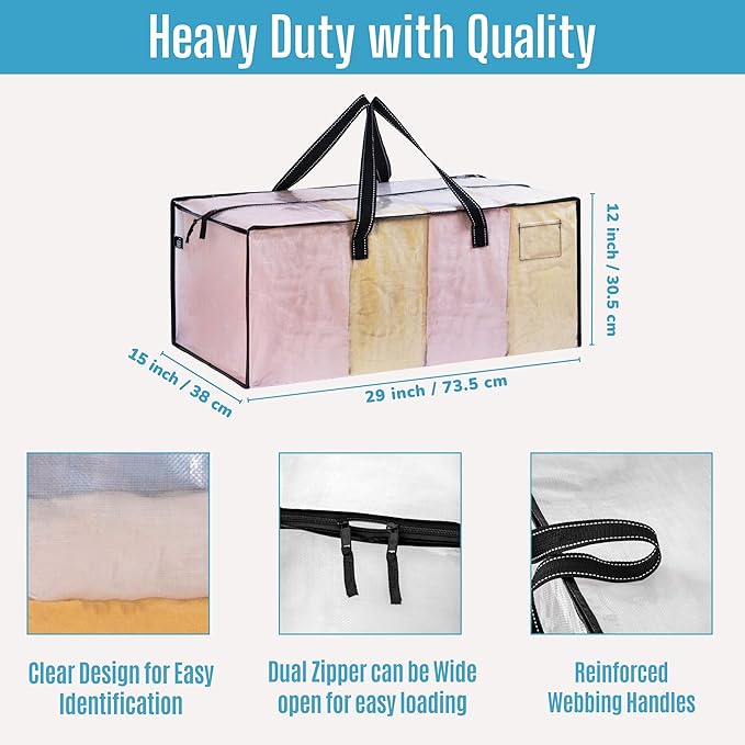 VENO 8 Pack Heavy Duty Moving Bags, Christmas Storage Bins with Lids, Clear Design, Alternative to Moving Boxes, Storage Bags for Clothes, Blankets, Comforters, Pillows, Camping (Clear, 8 Pack)