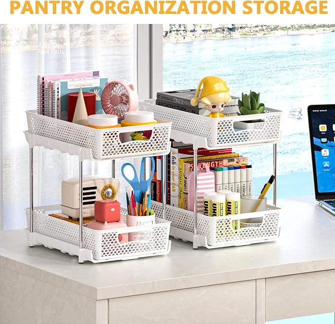 DABIGE 4 Pack Pull Out Bathroom Organizers and Storage, 2 Tier Stackable Under Sink Storage Organizer for Bathroom, Kitchen Cabinet, Pantry, and Medicine Holder, Organization and Storage - White