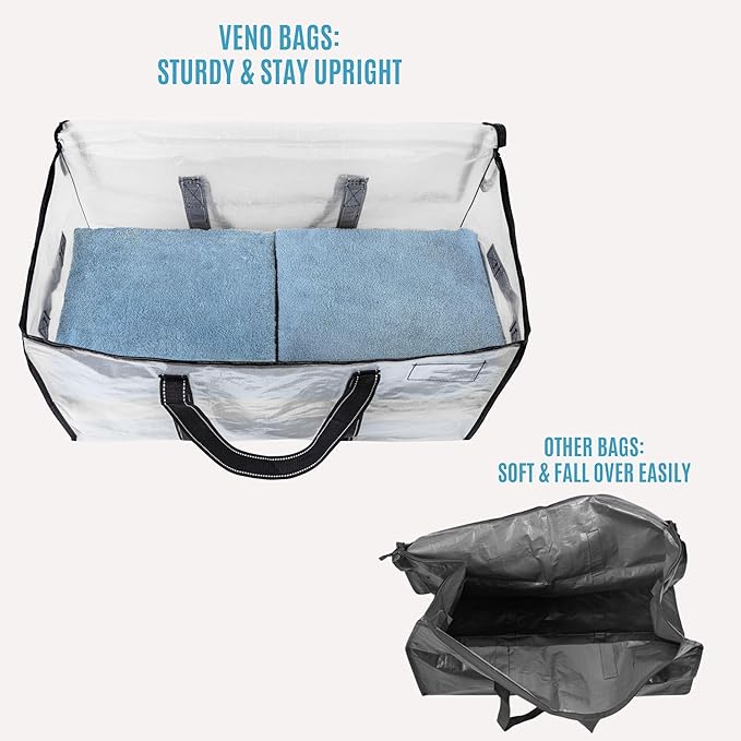 VENO 2 Pack Clear Storage Moving Bags, Heavy Duty Storage Bins with Lid, Around Handles, Tag, Zippers, Extra Large Totes Packing Moving Boxes Supplies for College Dorm Clothes (Transparent)