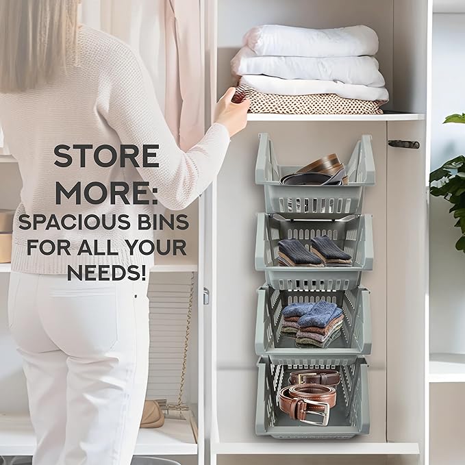TidyFriend Small Plastic Stackable Storage Bins for Pantry,4 Pack Open Front Storage Bins,Toy Organizers, Kitchen, Bathroom Essentials (Dark Grey)