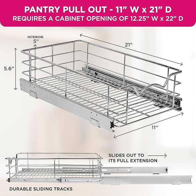 HOLDN’ STORAGE Pull Out Cabinet Organizer, Slide Out Drawer for Kitchen Cabinets & Pantry, Roll Out Shelf for Pots, Pans & Under Sink Storage, Heavy-Duty Full-Extension, 11"W x 21"D x 5"H