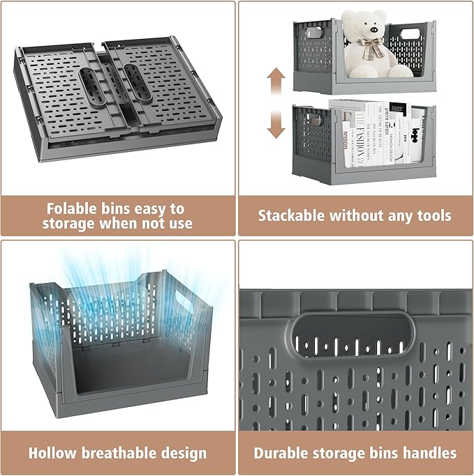 Stackable Storage Bins, Foldable Closet Organizers and Storage Bins Box, Plastic Shelves Drawer Organizer Container for Closet Office Bedroom Kitchen Bathroom with Wheels, Grey, 3 Pack