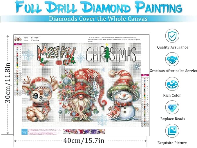 VIGEGU Christmas 5D Diamond Art Kits for Adult, Xmas Snowman Deer Gnome DIY Christmas Diamond Painting for Adults, 5D Full Round Drill Craft for Home Wall Decoration 16x12 Inch