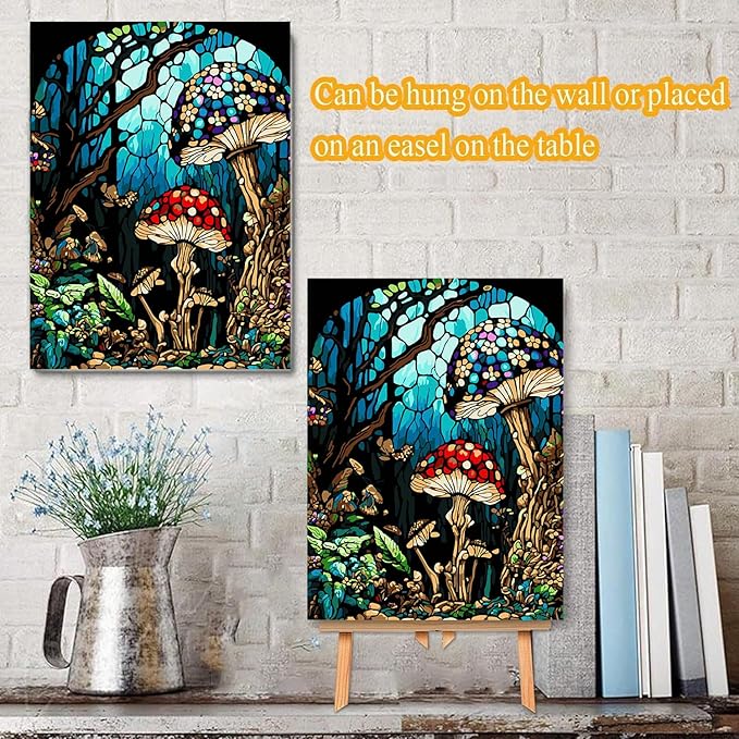 Mushroom Paint by Numbers Kit for Adults Beginners- DIY Acrylic Stained Glass Adult Paint by Number Kits on Canvas, Oil Painting by Numbers Kit for Home Decor Gifts 12x16 inch Framed and Easel