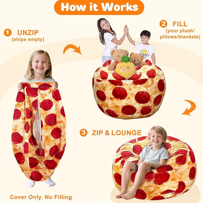 Lukeight Pizza Stuffed Animals Storage Bean Bag Chair Cover Only (Ships Empty, No Filling) - Velvet YKK Zipper Beanbag Cover for Kids Big kids, Washable Plush Toy Organizer, X-Large 30" D x 18" H