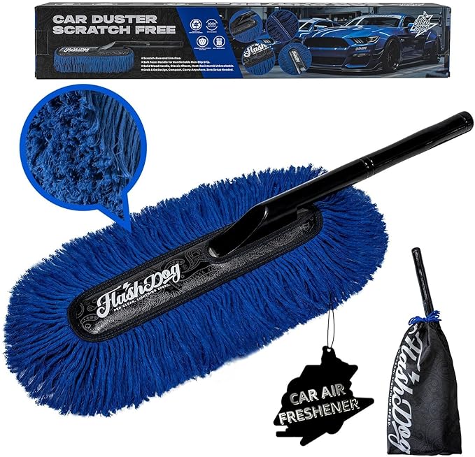 Flash Dog Car Duster Exterior Scratch Free, Waterless Cleaning Brush for Car Truck RV Boat, Gifts for Men Women, Storage Bag & Air Freshener - Wooden Handle Wax Cotton Duster
