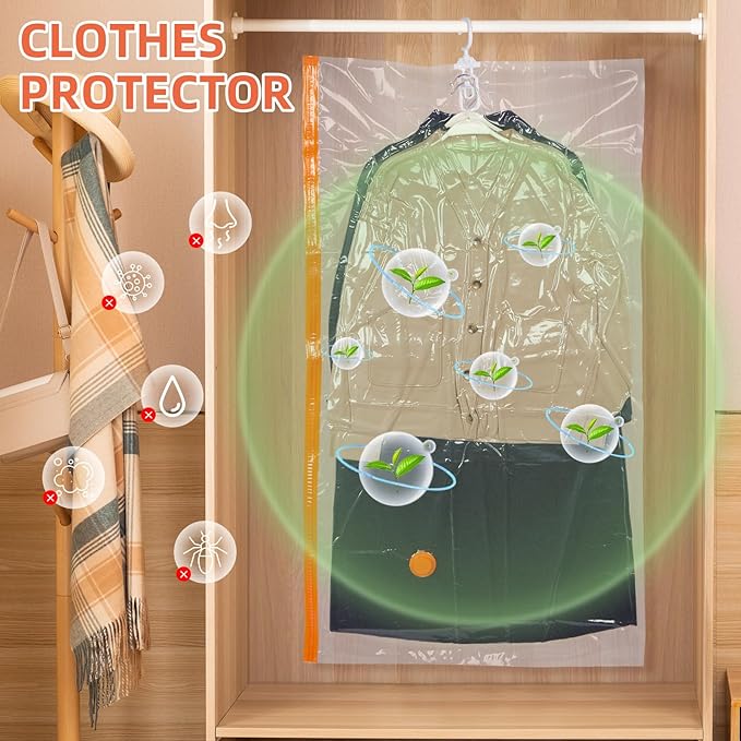 AGPTEK 6-Pack Hanging Vacuum Storage Bags for Clothes, Suits, Dresses & Jackets (3 Jumbo,3 Large) with Electric Pump - Space Saver Closet Organizer, Travel & Moving Supplies, Heavy Duty PA+PE