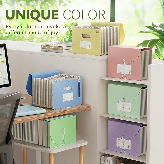 EcoStash Accordion File Organizer, 12-Pocket Wheat Straw Expanding File Folder, Portable Monthly Bill & Tax Receipt Organizer, Letter/A4 Size Document Holder with Colorful Tabs-UN Blue