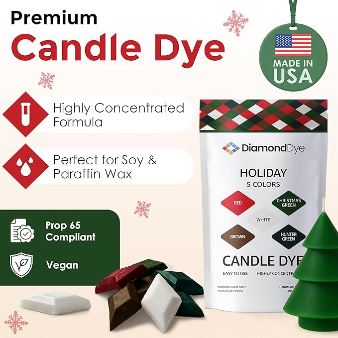 Candle Dye - Made in The USA - 5 Holiday Colors (Red, Brown, Christmas Green, Hunter Green, White) for Paraffin or Soy Wax - Highly Concentrated - Great for Professionals or Hobbyist - 50 Dye Chips