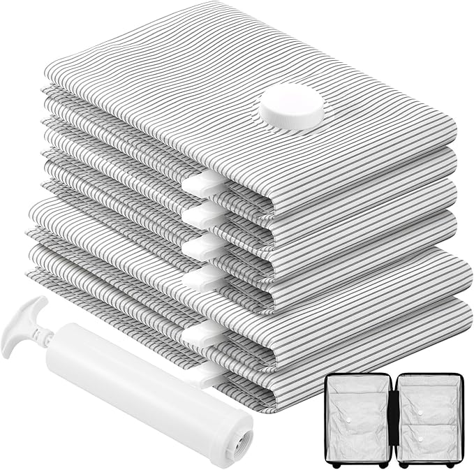 6 Pack Cloth Vacuum Storage Bags, Vacuum Seal Bags for Clothing with Hand Pump, 2 Large+4 Medium, 80% Space Saver Bags for Luggage, Comforters,Blankets, Home Travel Essentials(Stripe)