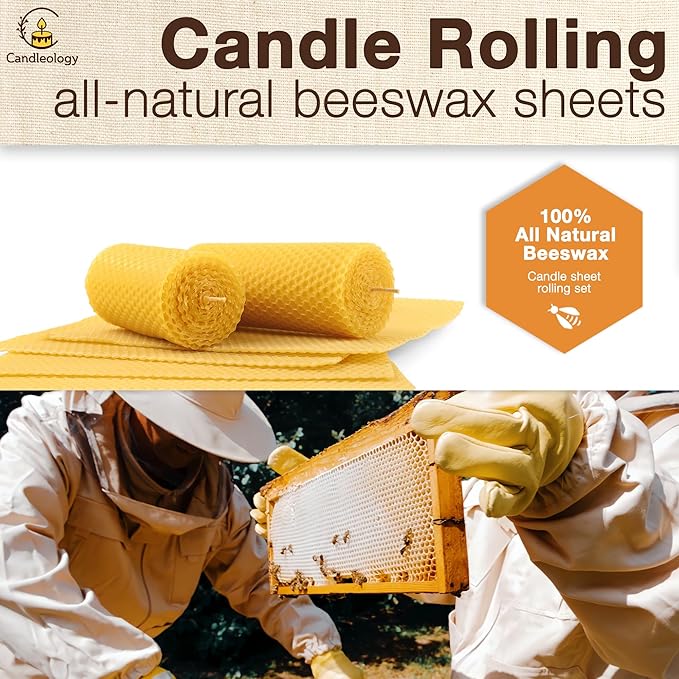 Natural Beeswax Sheets for Candle Making (10-Sheet Pack with Cotton Wicks) Natural Yellow Tone - DIY Beeswax Candle Rolling Kit for Kids & Adults