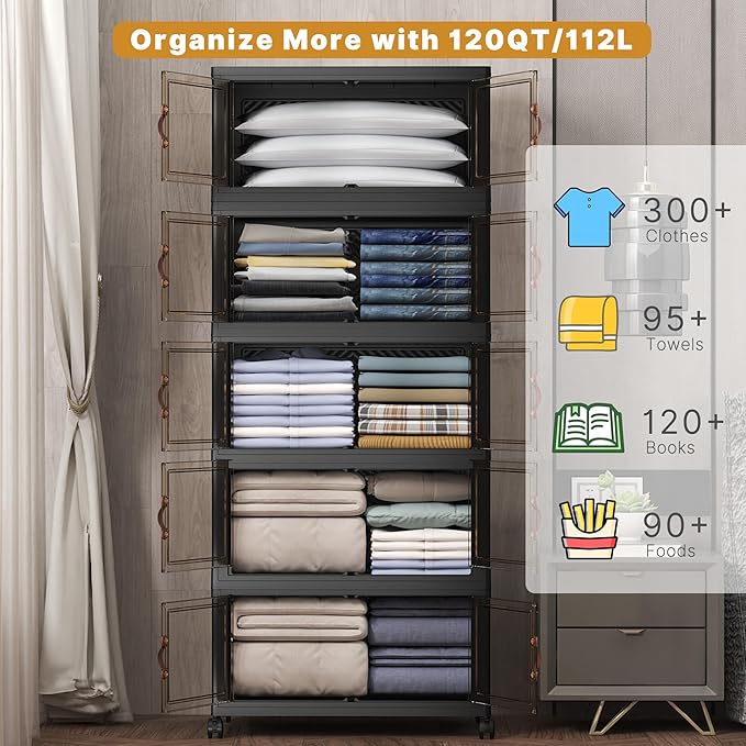 Extra Large Stackable Storage Bins with Lids & Wheels, Foldable Collapsible Closet Organizers Dark Storage Cabinet with Doors for Bedroom Dorm