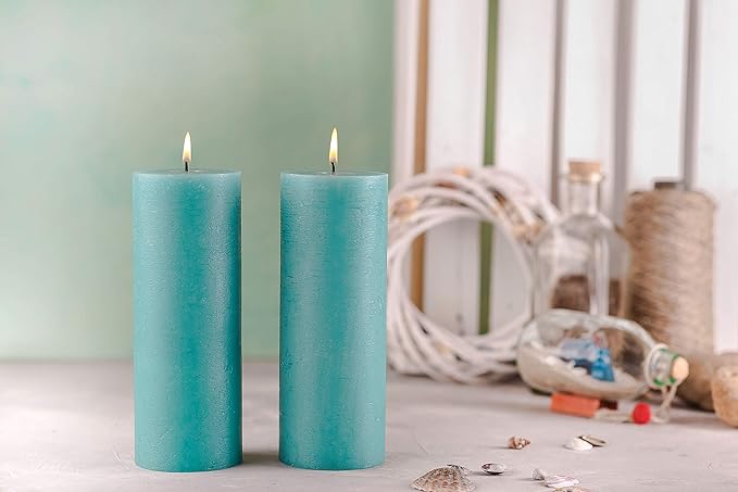 Melt Candle Company Set of 2 Pillar Candles 3" x 8" Unscented Handpoured Weddings, Home Decoration, Restaurants, Spa, Church Smokeless Cotton Wick - Turquoise