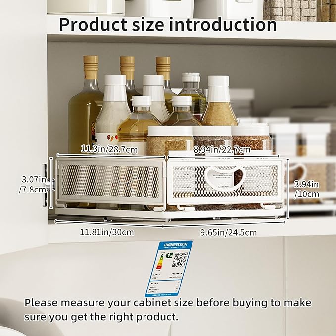 2 Pack Pull Out Cabinet Organizer, No Drill Adhesive Sliding Drawers for Kitchen, Metal Mesh Wire Storage Shelf for Pantry & Under Sink, White (9.6" W x 11.8" D x 3.9" H)