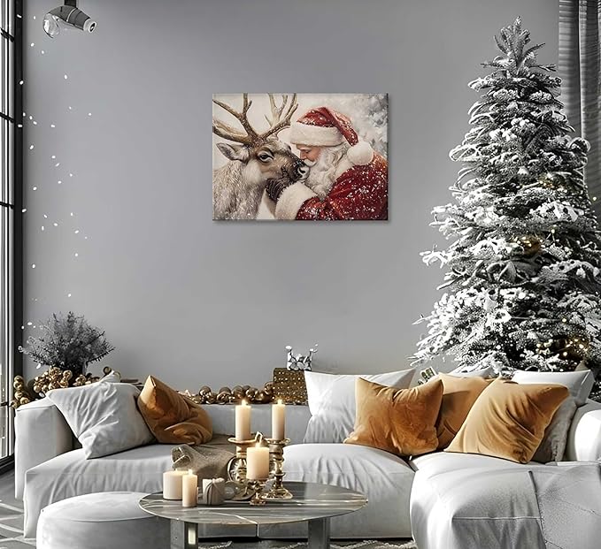 Paint by Number Kit for Adults & Kids, Santa and Reindeer Christmas DIY Painting Kit with Brushes, Paints & Hanging Kit, 16x20 Inch Canvas, Holiday Gift & Home Decor Art Project Framed