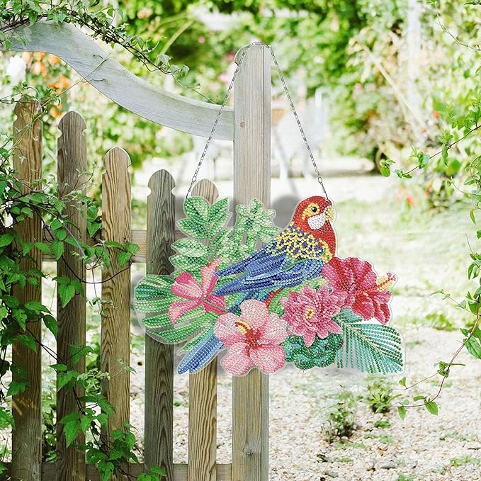 Parrot Diamond Art Hanging Signs with LED Light String DIY 5D Bird and Flowers Diamond Art Painting Wreath Hanging Pendant Special Shaped Gem by Number Mosaic Kits for Garden Front Door Spring Decor