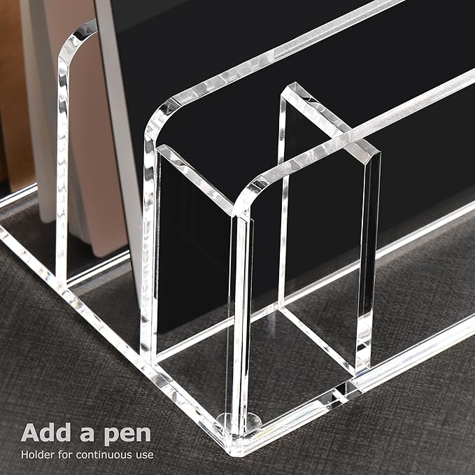 SANRUI Acrylic Mail Organizer, 5 Compartments File Holder for Desk, Letter Sorter with Pen Holder, Clear Countertop Document Sorter for Notebooks, Bills & Eyeshadow Palettes