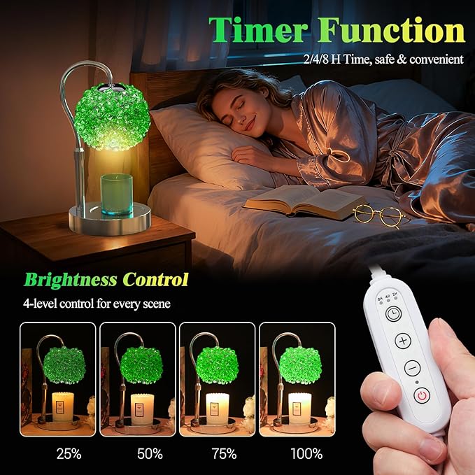 Luxury Candle Warmer Lamp with Timer & Dimmable Brightness, Crystal Gemstone Shade & Premium Base - Adjustable Wax Melt Warmer for Home Decor (Green)