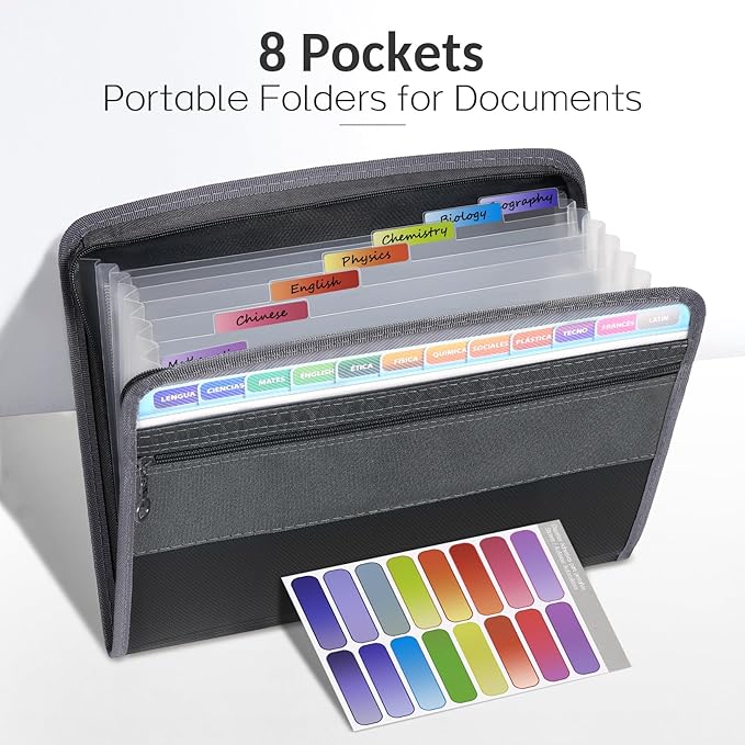 Sooez Accordion File Organizer with Safe Zipper, 8 Pocket Expanding File Folder with Front Pencil Pouch, Portable Monthly Paper Bill Tax Receipt Organizer, School Office Supplies, Letter Size, Purple