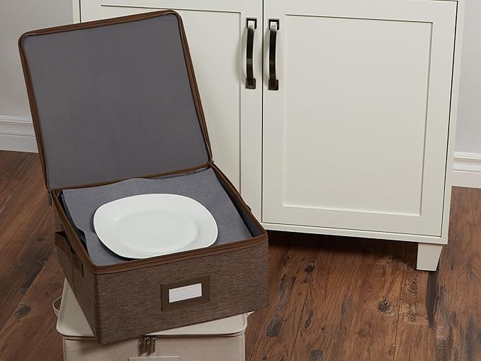 Covermates Dish Storage Box – China & Dinner Plate Storage Container with Dual Zippers, Reinforced Handles, ID Window & Stackable Structured Walls for Dishware Organization, Brown Heather
