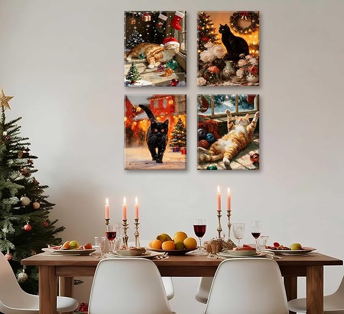 Paint by Number Kit for Adults & Kids, 4 Pack Christmas Cat Scenes 12x16Inch Framed