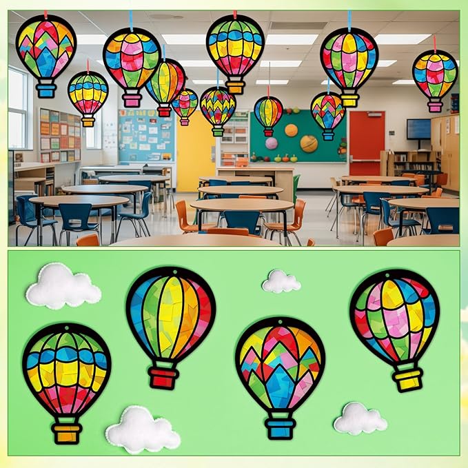 Tinlade 24 Sets Crafts Suncatcher Tissue Paper Craft Kit DIY Window Decor Make Your Own Cross Hanging Ornaments for Holiday Activities Party Favors(Hot Air Balloons)