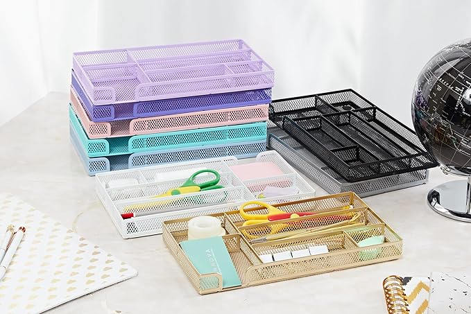 Annova Desk Drawer Organizer Tray for Office Organization - Metal Mesh - Storage Tray with Dividers for Pens, Desktop Accessories, Bathroom, Kitchen, Makeup and Office Supplies (Small, Black)