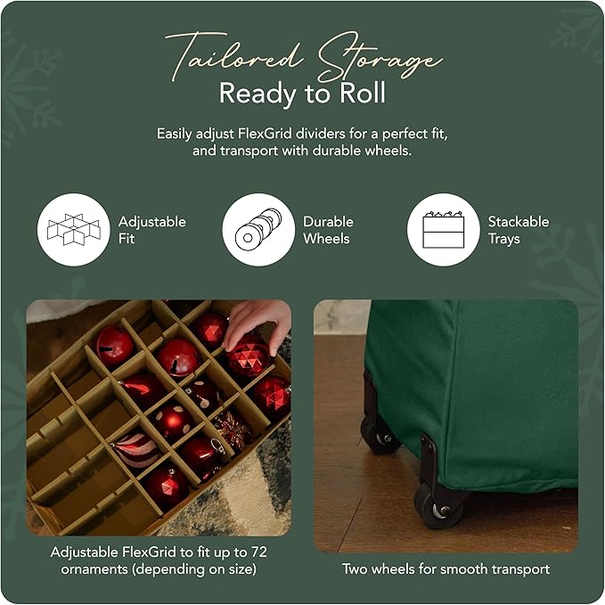 Covermates Keepsakes Rolling Adjustable Ornament Storage Bag – Heavy-Duty Polyester, FlexGrid Trays & Padded Dividers – Protective Holiday Organizer with Wheels, Handles & ID Window, Green