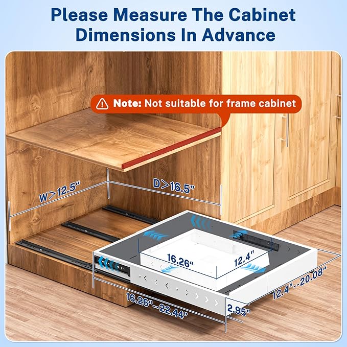 Insputer 1 Pack Pull Out Cabinet Organizer Expandable (12.4"-20.08")W & (16.26"-22.44")D, No Drill Slide Out Drawer with 3 Slide Rails, 2Pcs Magnetic Panel, Adhesive Roll Out Shelf for Kitchen, Pantry