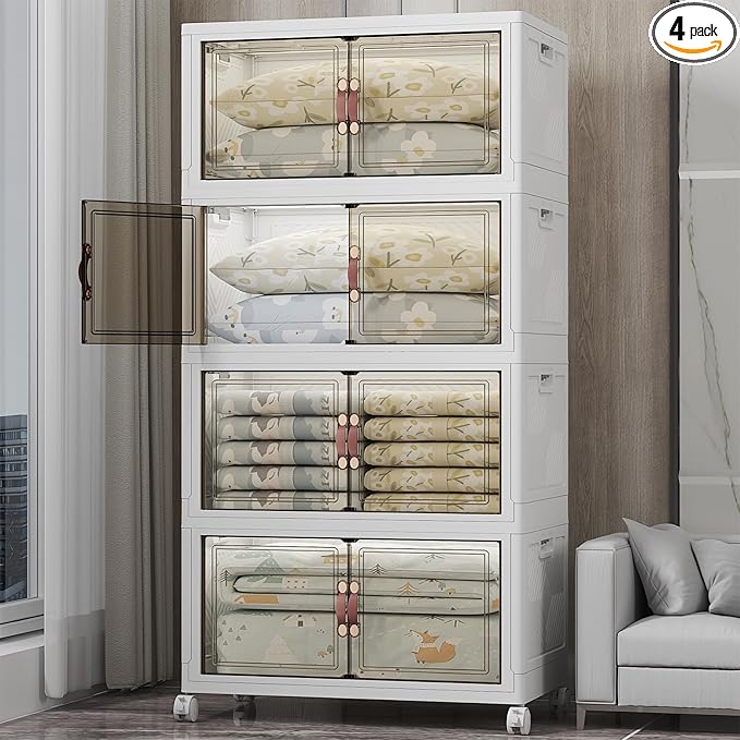 Stackable Storage Bins with Lids, 640QT Closet Organizers and Storage with Doors and Wheels, Extra Large Storage Cabinet, Collapsible Plastic Drawers for Bedroom Dorm Office