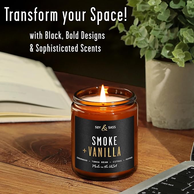 Smoke and Vanilla Candle I Scented Black Candles for Men or Women - Fire Wood, Vanilla & Smoke Soy Wax Mens Candle - Infused w/Essential Oils | Long-Lasting 50Hr Burn, 9oz I Non Toxic I Made in USA