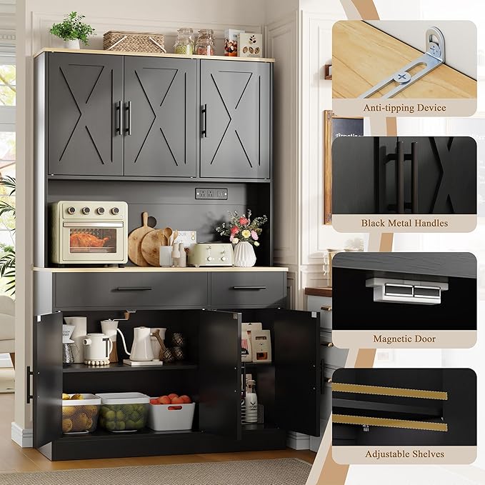 Vongrasig Farmhouse Pantry Cabinet with Charging Station, Tall Kitchen Pantry with Microwave Stand, Storage Drawers & Shelves, Large Kitchen Hutch for Living Room, Dining Room, Black