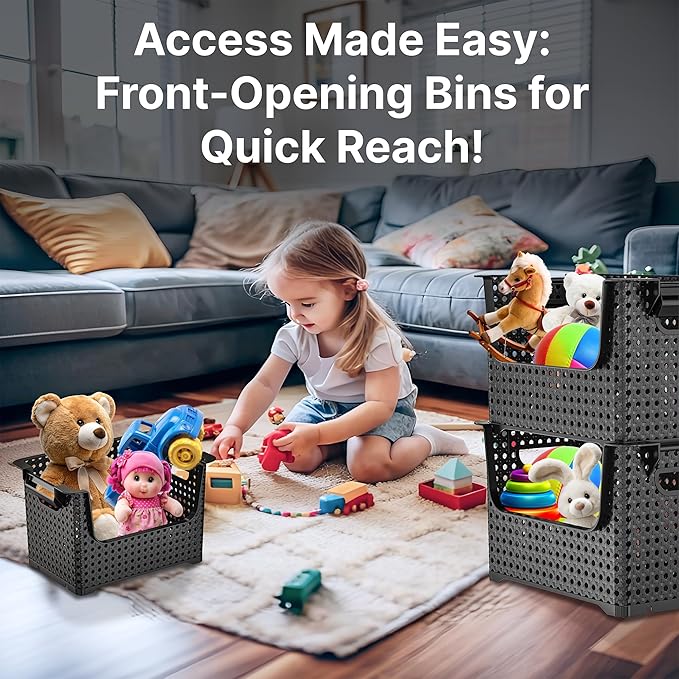 Skywin TidyFriend Stackable Storage Bins for Pantry 4 Pack, Stackable Bins For Organizing Food, Kitchen, and Bathroom Essentials (Circle with Handle)(Black)