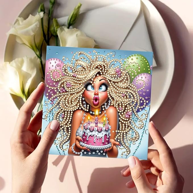 DoxQcs 5D Diamond Art Painting Greeting Cards Kit, DIY Cards for Blessings Congratulations Gifts, Greeting Card Set for Birthday Thanksgiving Day Christmas Halloween-Woman’s Birthday