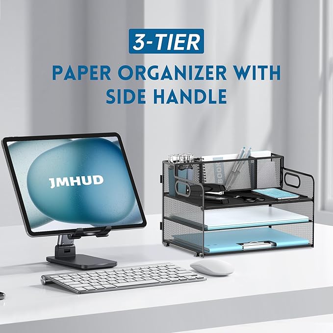 2 Pack 3-Tier Paper Letter Tray Organizer with Pen Holder, Mesh Desk Accessories & Workspace Organizers with Handle, File Sorter Office Supplies for Desk, Black